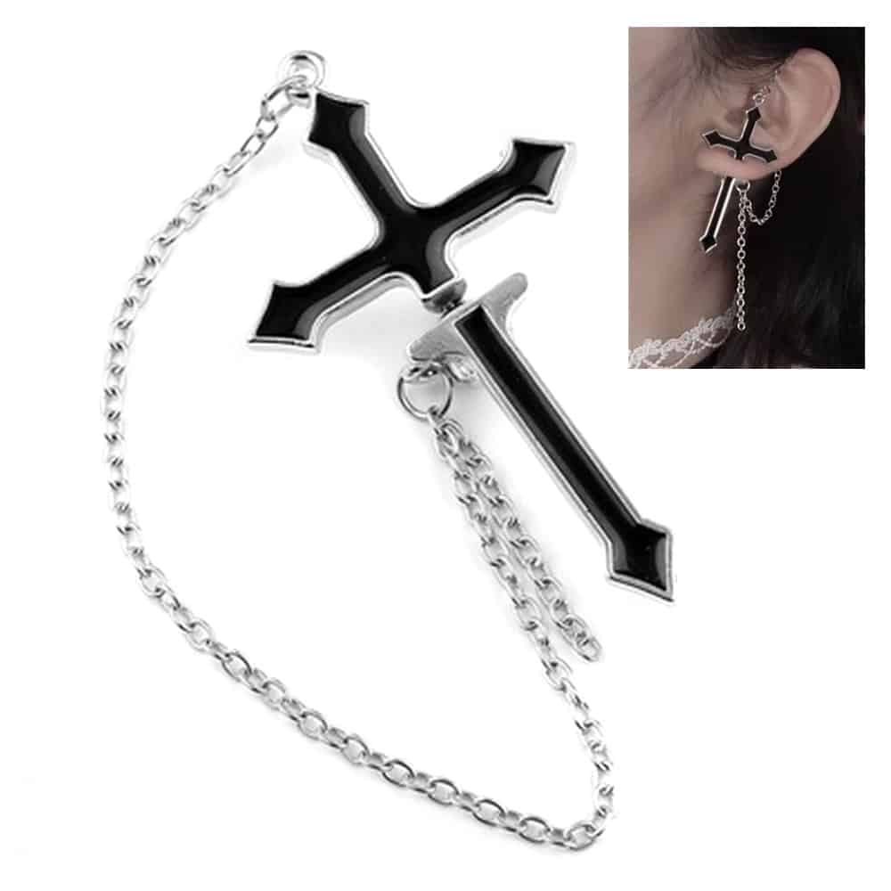 Nausznica Kolczyk Kolczyki Krzyż Single Black Cross Czarny Srebrny