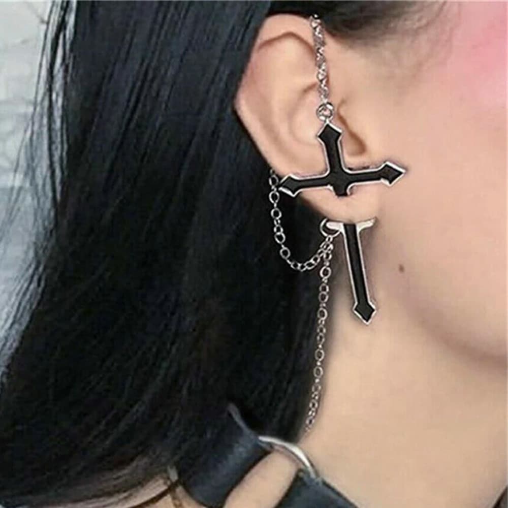 Nausznica Kolczyk Kolczyki Krzyż Single Black Cross Czarny Srebrny – zdjęcie 4